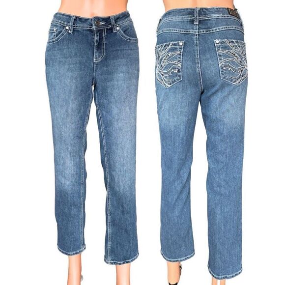 Earl Women’s Embellished Rhinestones Straight Leg Stretch Jeans Size 8P - Picture 1 of 6